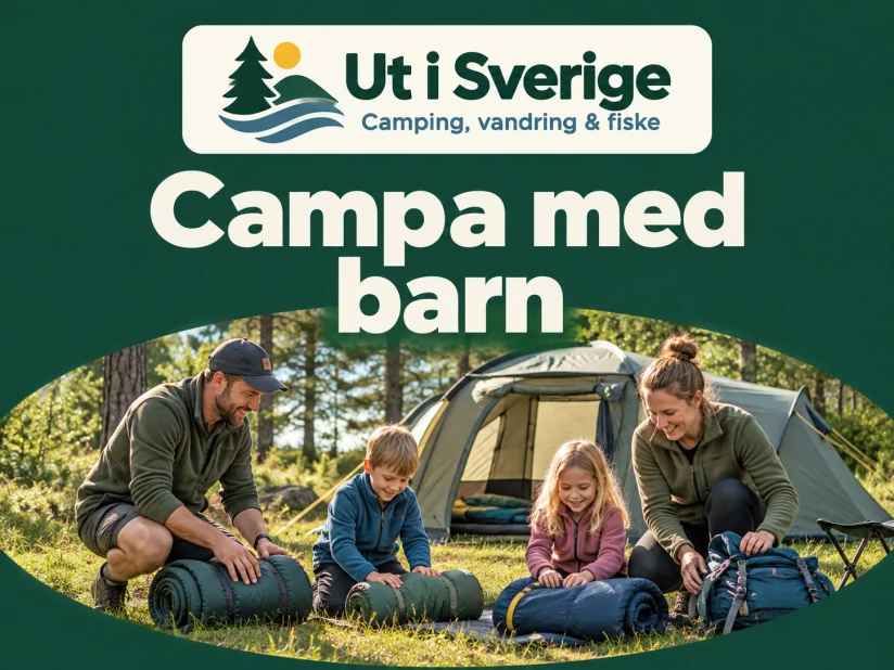 Illustrerad omslagsbild: Campa med barn, med logotypen Ut i Sverige.