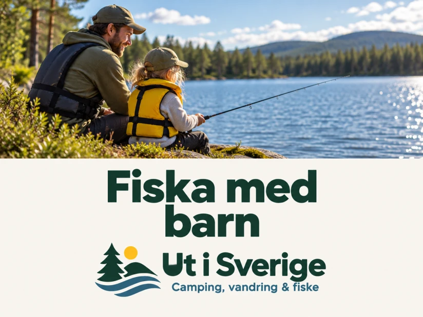 Illustrerad omslagsbild: Fiska med barn, med logotypen Ut i Sverige.