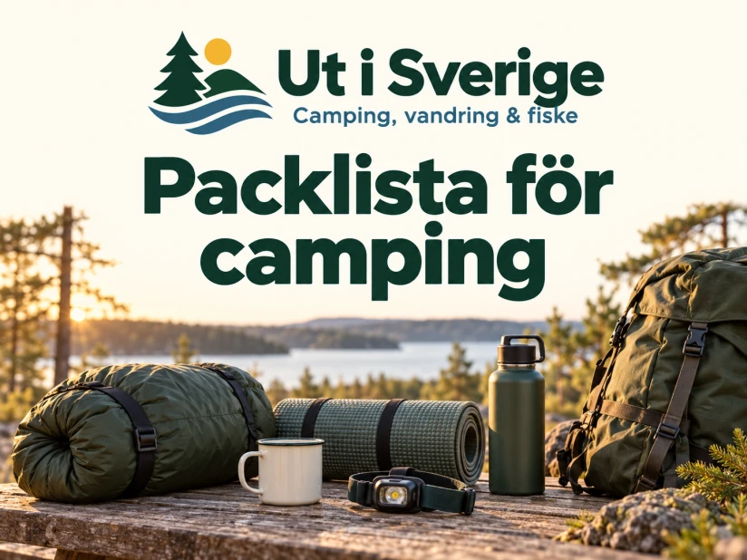 Packlista för camping: sovsäck, liggunderlag och ryggsäck, med logotypen Ut i Sverige. Illustrerad omslagsbild.