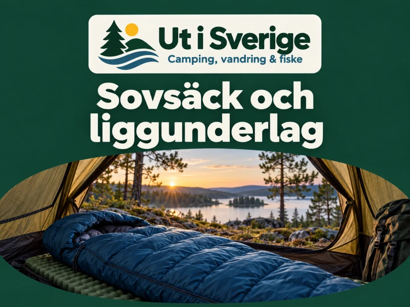 Illustrerad omslagsbild: Sovsäck och liggunderlag, med logotypen Ut i Sverige.