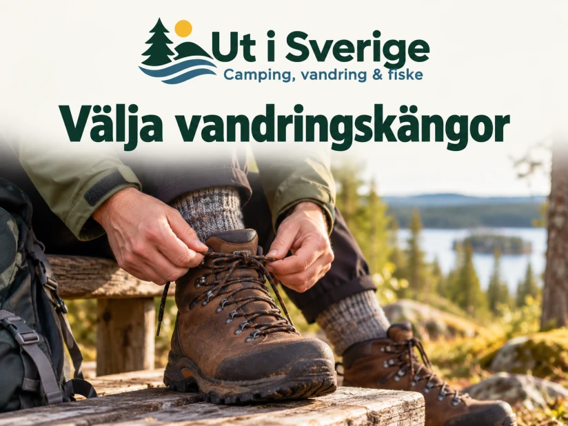 Illustrerad omslagsbild: Välja vandringskängor, med logotypen Ut i Sverige.