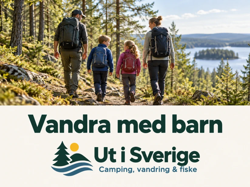 Illustrerad omslagsbild: Vandra med barn, med logotypen Ut i Sverige.